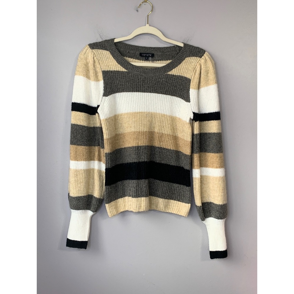 1 STATE Striped Puff Sleeve Sweater Women's‎ Small Neutral Colors